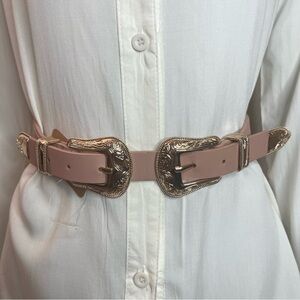 Pink PU leather gold tone buckle elastic waistband skinny belt